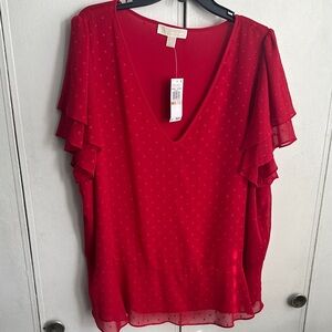Micheal Kors Elegant Red V-Neck Ruffle Sleeve Top